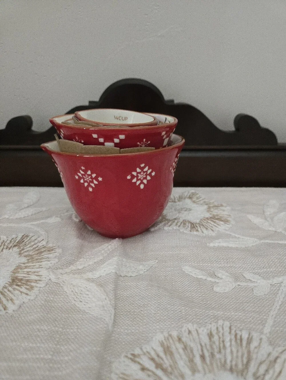 NWOT Red Ceramic Measuring Cup Stacking Set With White Design
